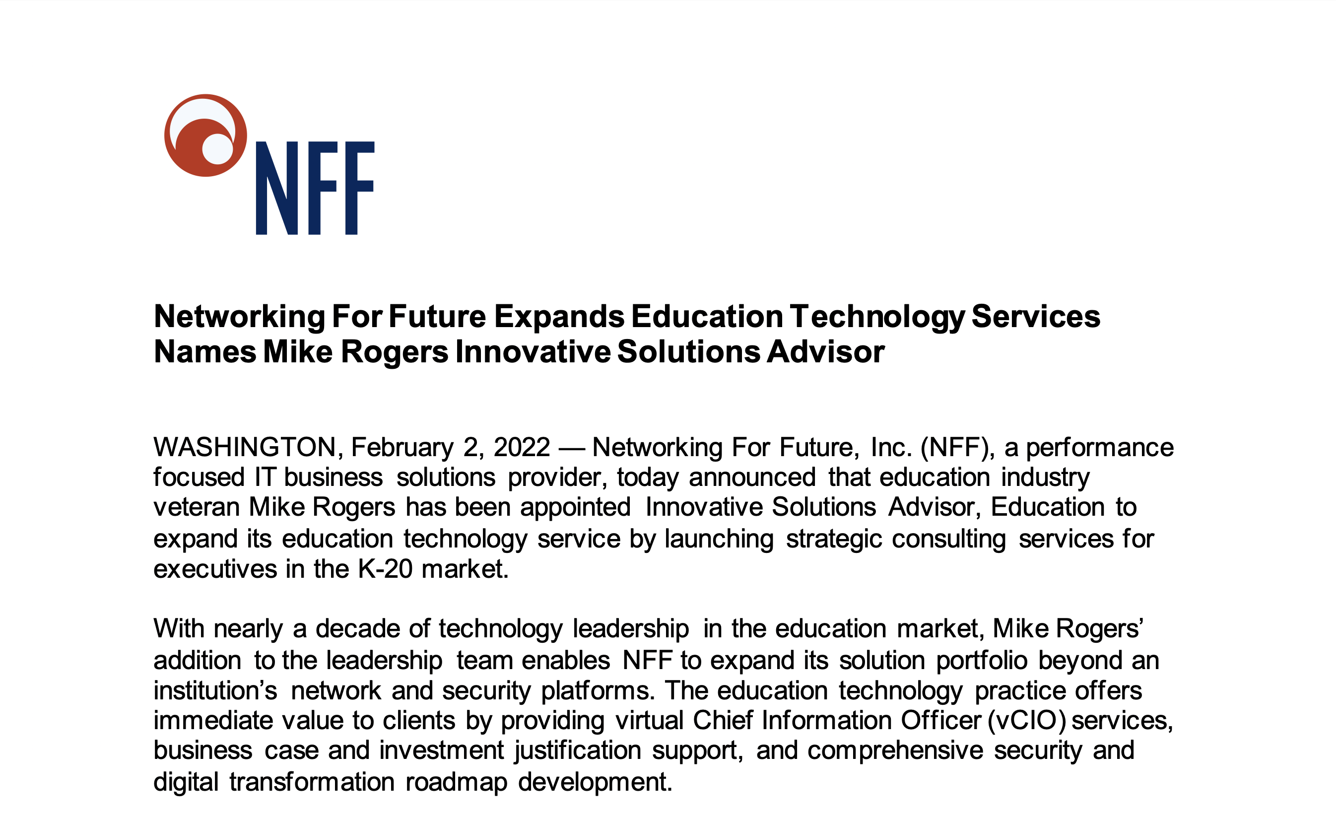 Networking For Future Expands Education Technology Services Names Mike